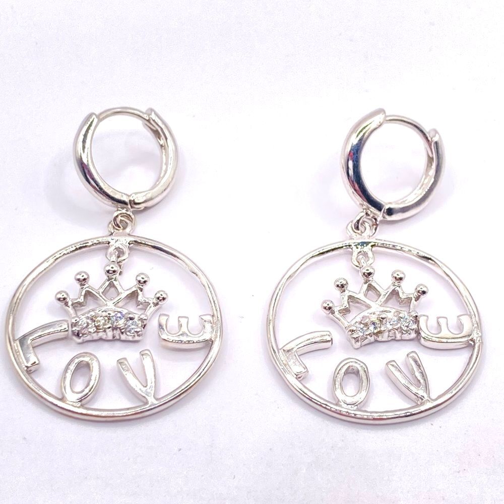 Silver hoop love crown dangle earrings